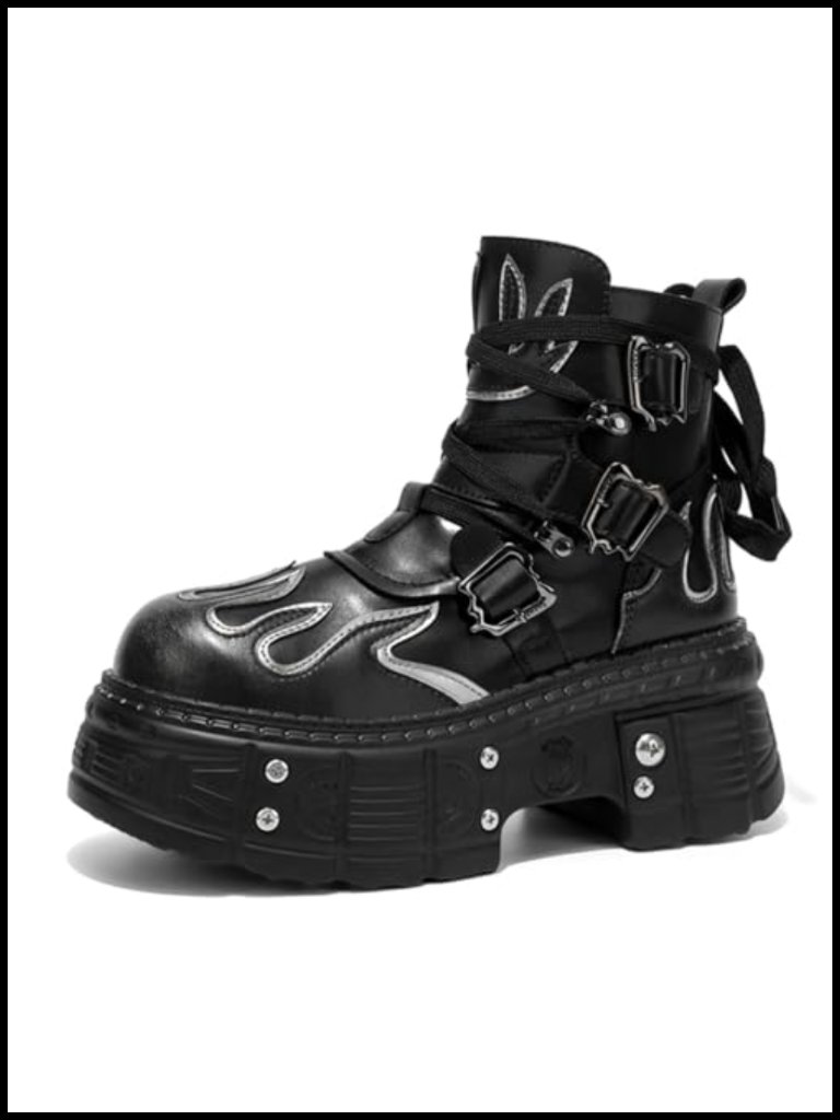 Men's Black Leather Platform Motorcycle Ankle Boots Flame Pattern Side Zipper